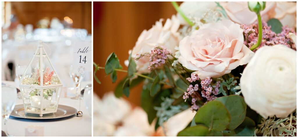 Gorgeous floral wedding reception centerpieces in light pink and white