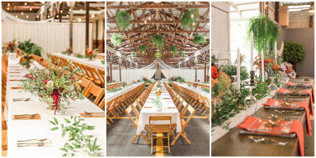 Beautiful wedding reception tablescapes with coral cloth napkins, greenery, burgundy and burnt orange florals, long white taper candles with ferns and string lights hanging overhead